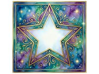 Ornate gold star with swirling filigree on a teal and purple watercolor galaxy background, glowing with sparkles and mystic elegance.