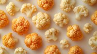 Fresh white and orange cauliflower florets arranged in pattern on light beige background, top view. Raw organic vegetables for healthy cooking and food design.