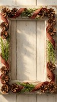 Rustic wooden frame decorated with pine cones, evergreen branches and red plaid ribbon on weathered wood background for holiday crafts and seasonal designs.