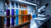 Colorful chemical solutions in test tubes arranged on laboratory bench with microscope and scientific equipment in modern research facility.