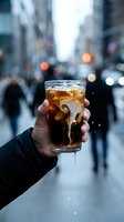 Hand holding cold cola drink with ice in urban street setting with blurred city background and pedestrians, suitable for beverage advertising and lifestyle content.