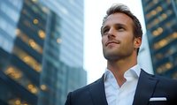 Confident young Caucasian businessman in suit looking up with aspirational expression against modern office buildings and urban cityscape background.