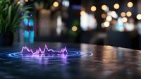 Futuristic holographic data visualization with glowing purple charts and graphs projected on wooden surface in modern office environment with bokeh lights.