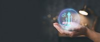 Business growth concept with glowing sphere showing upward arrow and gears floating above open palm in dark office environment with bokeh lights.