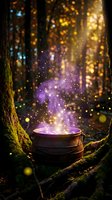 Magical cauldron emitting glowing purple and golden light particles in enchanted forest setting with moss-covered trees and bokeh effects for fantasy and magical themes.