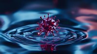 Microscopic red virus cell floating above rippling blue water surface with reflection, dramatic lighting and detailed spike proteins for medical concept.