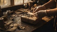 Skilled craftsman hands working with vintage tools and materials in traditional workshop setting with warm natural lighting and rustic wooden workspace.
