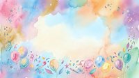Colorful watercolor birthday party frame with balloons, confetti and musical notes on white background for celebration invitations and greeting cards.