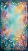 Watercolor tarot card back with gold ornate border, cat silhouettes, stars, and paw prints on dreamy teal, purple, and yellow gradient background.