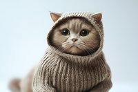 Adorable cream-colored cat wearing cozy beige knitted turtleneck sweater looking directly at camera with big expressive eyes against light background.