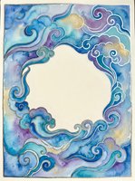 Watercolor cloud frame with swirling ornamental border in blue and purple tones, blank center space for text or design elements on textured paper background.