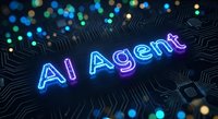 AI Agent neon sign glowing on dark circuit board background with colorful bokeh lights for technology and artificial intelligence concepts.