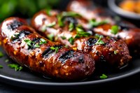 Grilled sausages with charred marks garnished with fresh herbs on black plate, close up view with selective focus. Juicy meat with glossy surface.