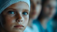 Young Caucasian female patient with blue eyes wearing medical head covering in hospital setting with healthcare professionals in background.