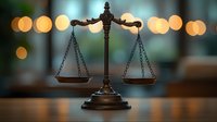 Balanced bronze scales of justice on wooden surface with soft bokeh lights in background, symbolizing law and equity.