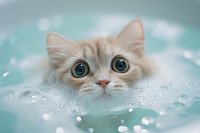 Curious cream-colored kitten with bright blue eyes peeks above water surface in turquoise bath, creating playful and endearing pet care scene with bokeh effects.
