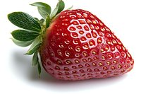 Fresh ripe strawberry with green leaves isolated on white background. Close up macro shot showing detailed texture and natural pattern of red berry.