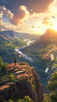 Majestic mountain landscape at sunset with lone hiker standing on cliff edge overlooking winding river, waterfall, and valley village amid dramatic golden clouds.
