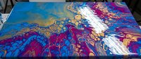 Abstract fluid art painting with vibrant blue, purple, pink and gold colors creating dynamic flowing patterns and cellular textures on canvas.