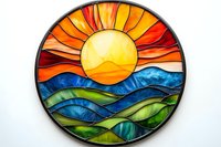 Vibrant stained glass artwork depicting sunset over rolling hills with radiant sun in orange and yellow tones above blue and green landscape waves.