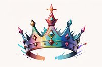 Colorful royal crown with gradient rainbow effect and diamond gemstones, watercolor splatter style on white background, isolated design element for luxury branding.