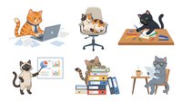Cats working at office desk with laptop, sitting in chair, playing with papers and supplies, presenting charts, stacked on books, relaxed on desk. Isolated clipart set for design, t-shirts, stickers, web graphics.