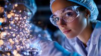 Young female scientist in protective gear examining glowing particles in laboratory with dramatic blue lighting and bokeh effects creating magical research atmosphere.