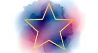 Golden star outline on purple pink blue watercolor background isolated on white for greeting cards and festive designs.