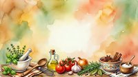 Watercolor illustration of fresh herbs, spices, and vegetables arranged with mortar and pestle, cooking utensils, and bowls for culinary and recipe design projects.