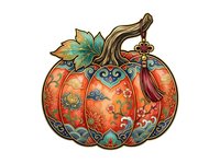 Ornate pumpkin with decorative floral patterns and gold accents, isolated on white background, suitable for fall designs, clipart, and seasonal graphics.