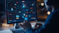 Professional working late at night analyzing digital network connections and data flow visualization on computer screen with glowing interface elements.