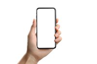 Hand holding modern smartphone with blank white screen isolated on white background. Perfect for app or website mockup presentation.