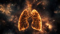 Glowing human lungs with bronchial tree structure against cosmic nebula background, orange energy radiating through anatomical respiratory system in space.