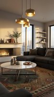 Contemporary living room interior with gold pendant lights, dark sofa, marble coffee table, fireplace, and city views for home decor and design projects.