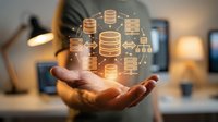 Hand holding glowing database icons and server symbols representing cloud computing, data management and digital technology solutions for business.