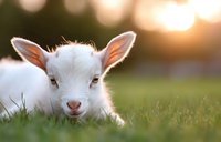 Adorable white baby lamb resting in green spring grass during golden sunset, close up portrait with soft bokeh background and warm evening light.