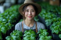 Young Asian woman in straw hat and apron smiling while tending to fresh basil plants in garden nursery, surrounded by vibrant green herbs and foliage.