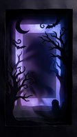 Spooky Halloween night scene with crescent moon, bare twisted trees, flying bats and purple misty atmosphere in decorative black frame for seasonal decor.
