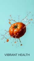 Fresh ripe tomato splashing with water droplets against turquoise background. Isolated produce for healthy eating, nutrition, wellness, and food marketing campaigns.