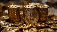 Golden Bitcoin cryptocurrency coins stacked in piles, showcasing digital currency wealth with selective focus on front coin against blurred background.