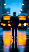 Silhouette of businessman standing alone on wet street at dusk with blurred city lights creating dramatic orange and blue reflections on rainy pavement.