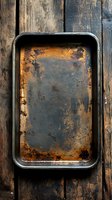 Old rusty metal baking sheet with dark patina and worn texture on vintage wooden background, creating moody atmospheric food photography composition.