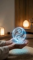 Glowing yin yang symbol floating above open palm in cozy living room with warm ambient lighting creating peaceful meditation atmosphere.
