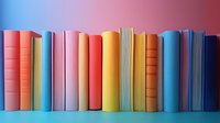Row of colorful hardcover books standing in line against gradient background from blue to pink, creating minimalist composition for education and literature concepts.