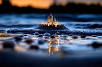 Magical miniature castle on sandy beach with reflection in water during sunset, creating dreamy atmosphere for fairy tale and fantasy designs.