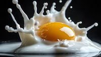 Raw egg yolk falling into splashing milk creating dynamic crown-shaped splash pattern against dark background, high-speed macro photography for food industry.