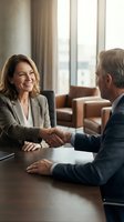 Professional businesswoman and businessman shaking hands during successful meeting in modern office conference room for partnership agreement.