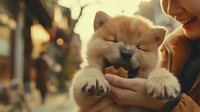 Adorable Pomeranian puppy with closed eyes enjoying a treat from owner's hand against warm sunset bokeh background, capturing pure joy moment.