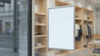 Blank white poster frame mockup in modern retail store window display with wooden shelving and clothing background for advertising design.