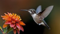 Tiny hummingbird hovering near vibrant orange zinnia flower in garden, wings spread wide, showing iridescent feathers against dark blurred background.